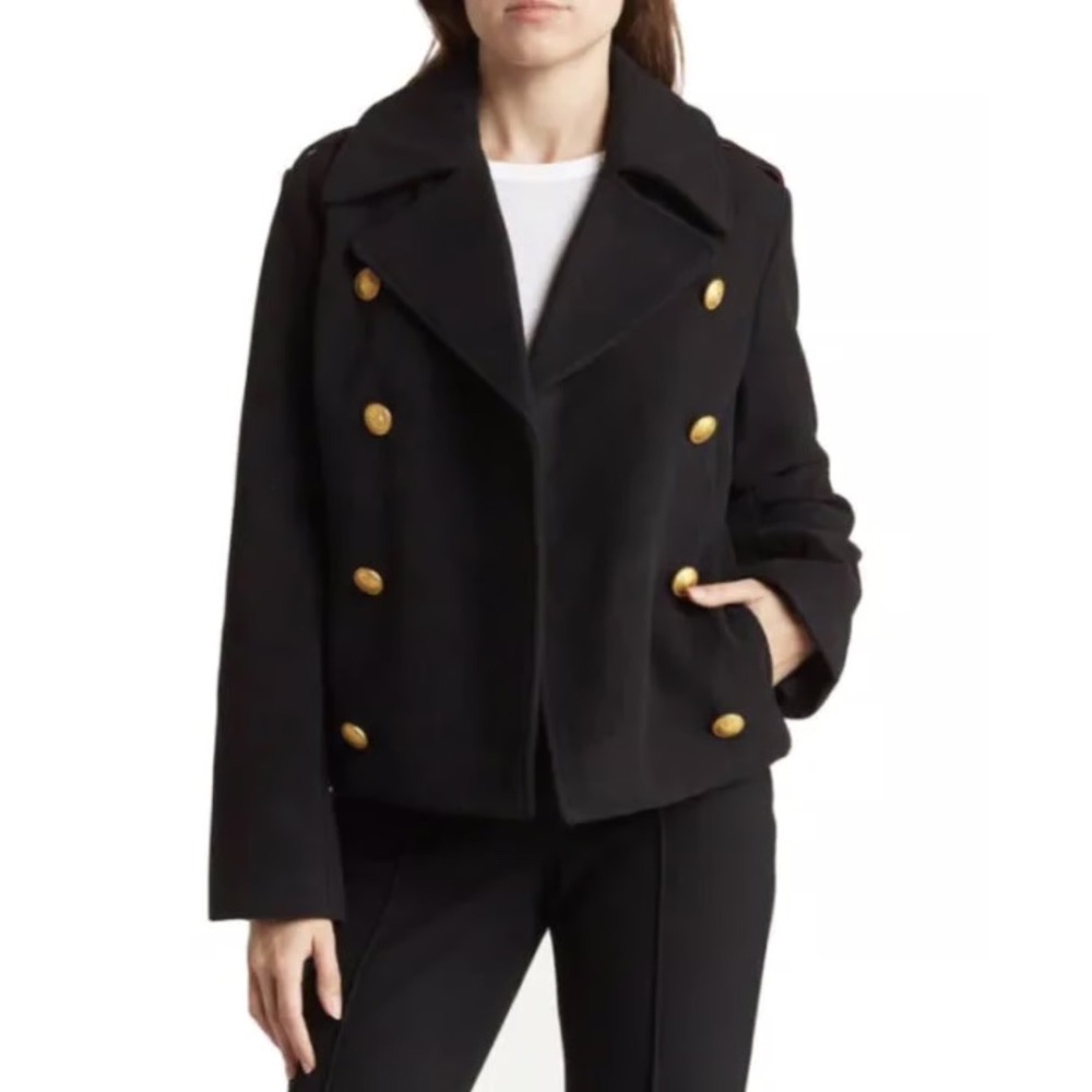 Rebecca Minkoff Elegant Black Pea Coat with Gold Accents